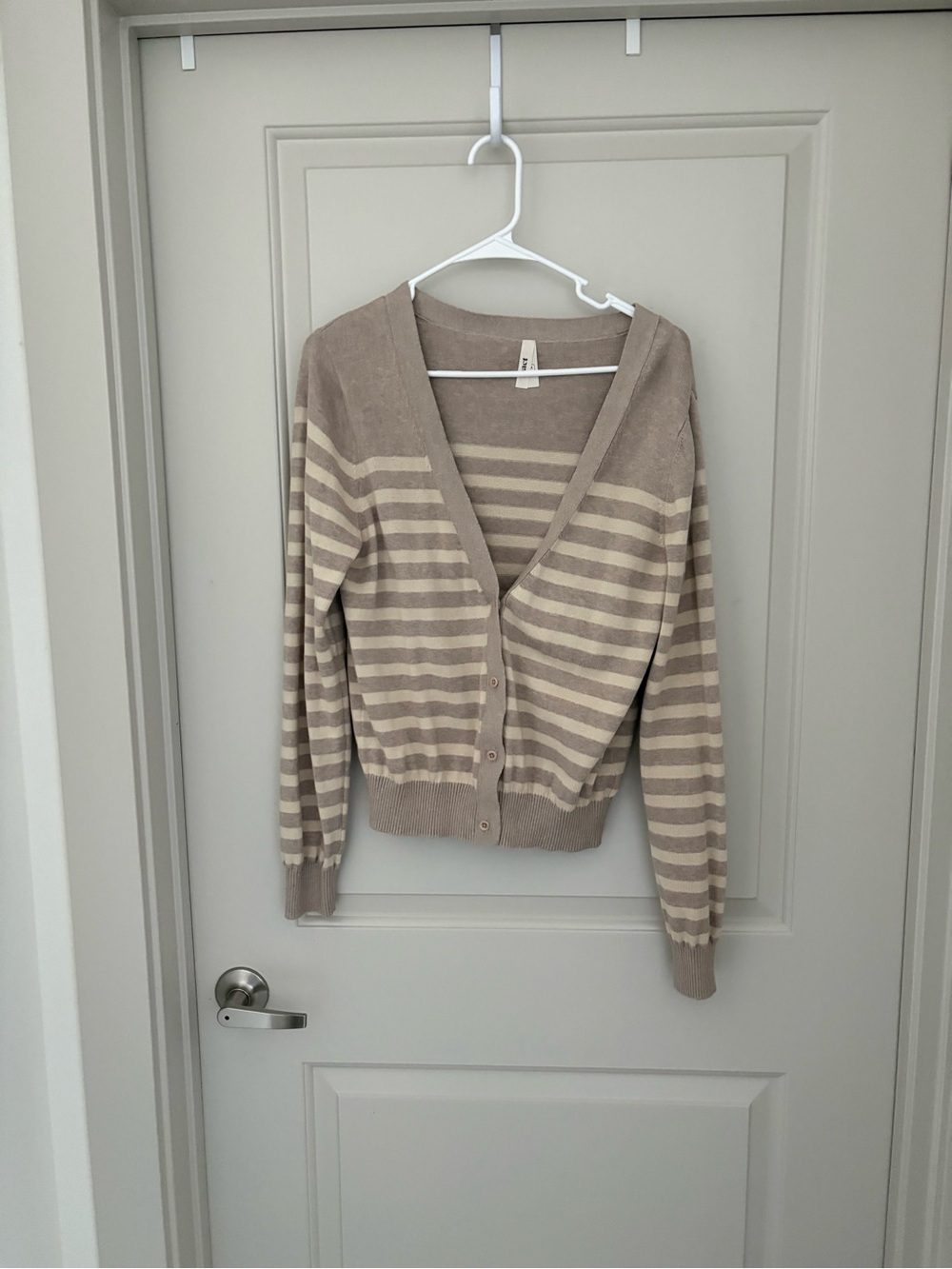 Pact Striped Organic V-Neck Cardigan in Taupe and Cream